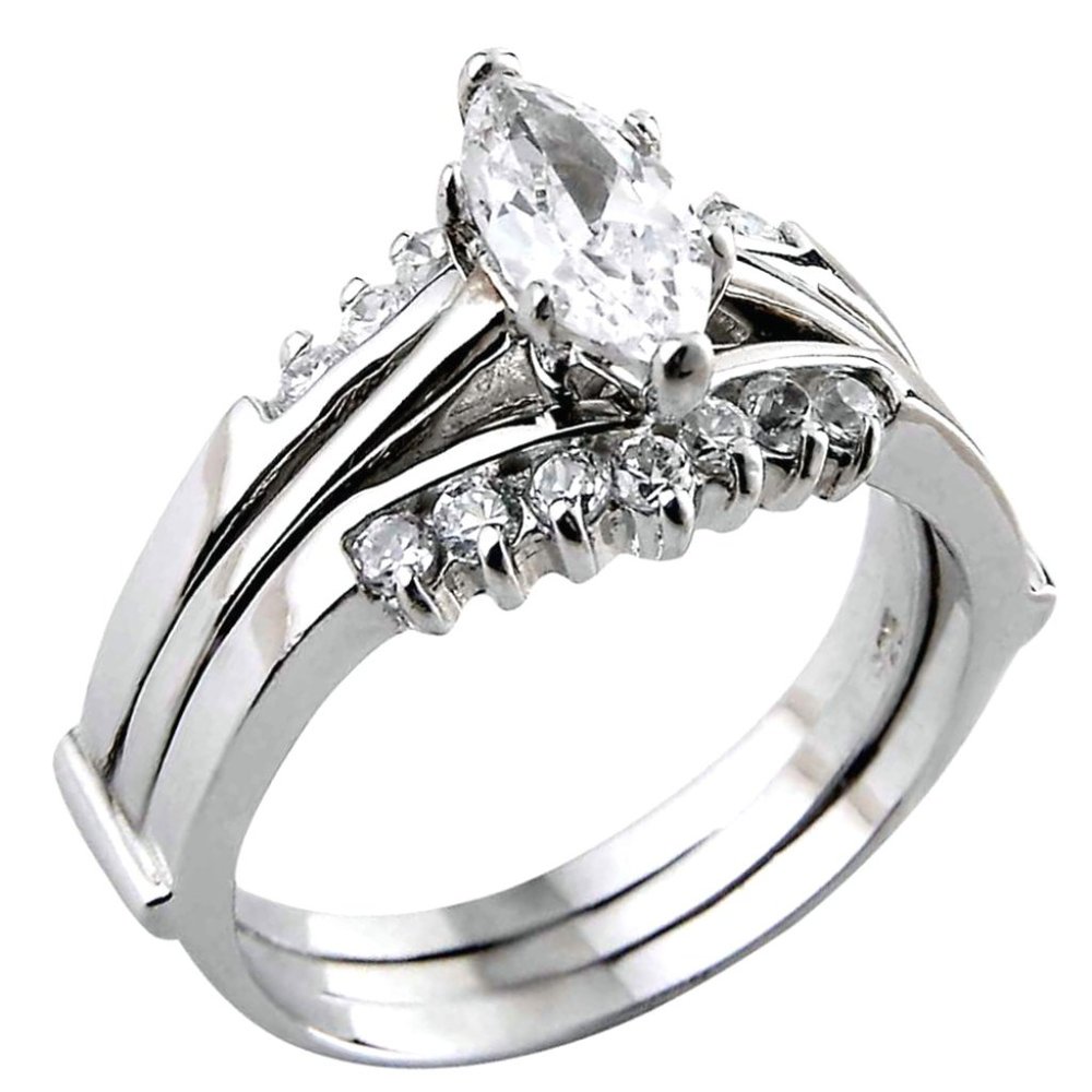 Size 6 Sterling Silver Marquise Cut Engagement Ring & Matching Wedding Band Set